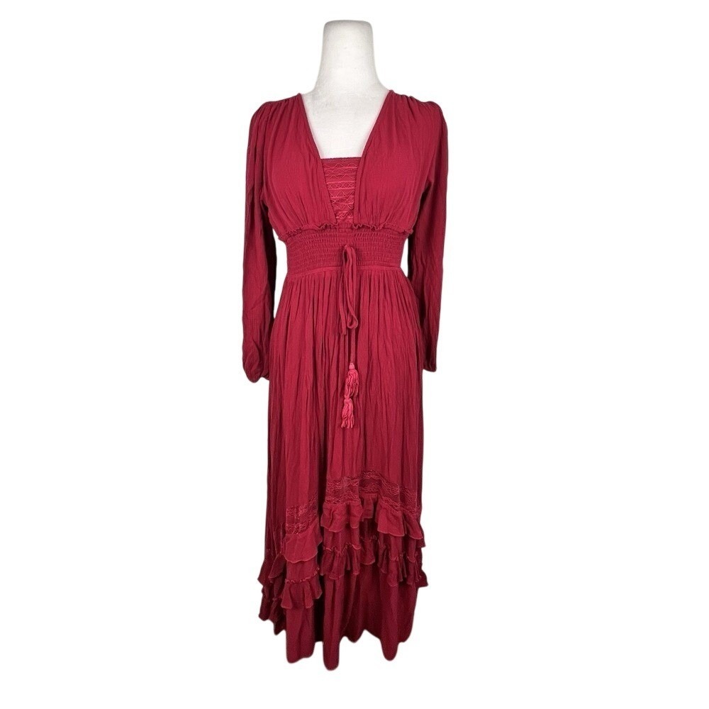 Red Boho Maxi Dress Small Shakespeare Babydoll  Lace Smocked Layered Fair Boho